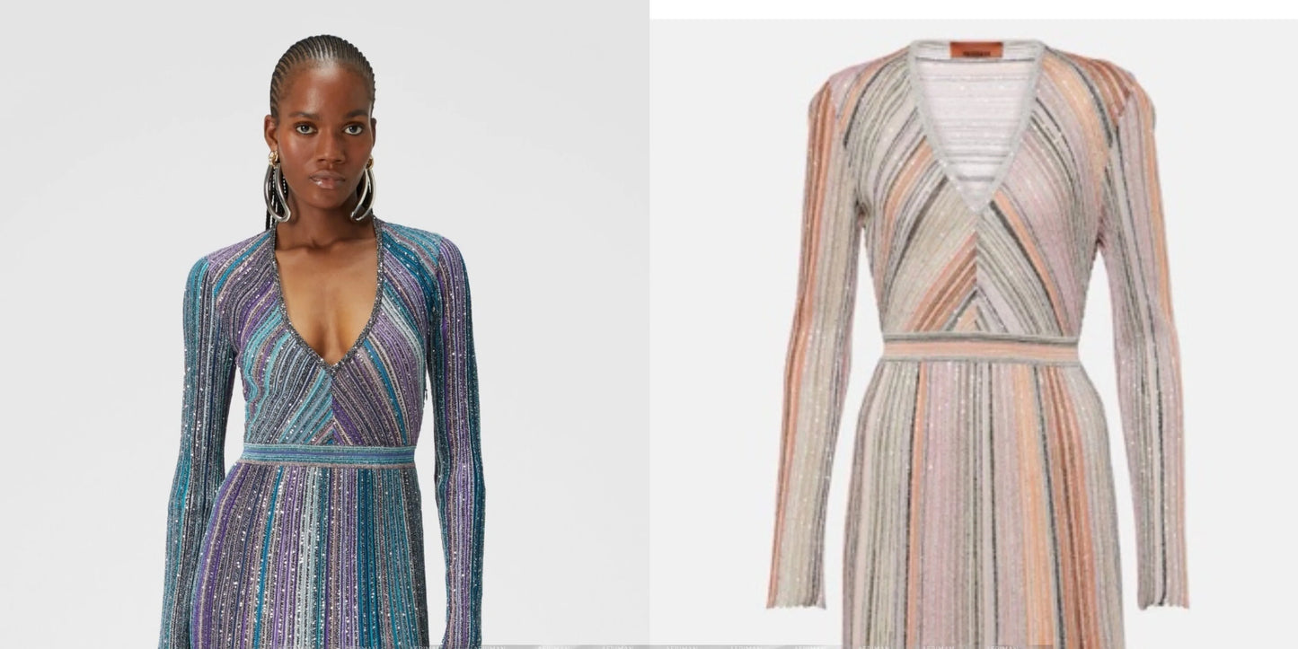 Women V Neck Long Sleeve Bright Silk Color Mosaic Stripe Waist Temperament Long Knitted Dress Badiee Stylez