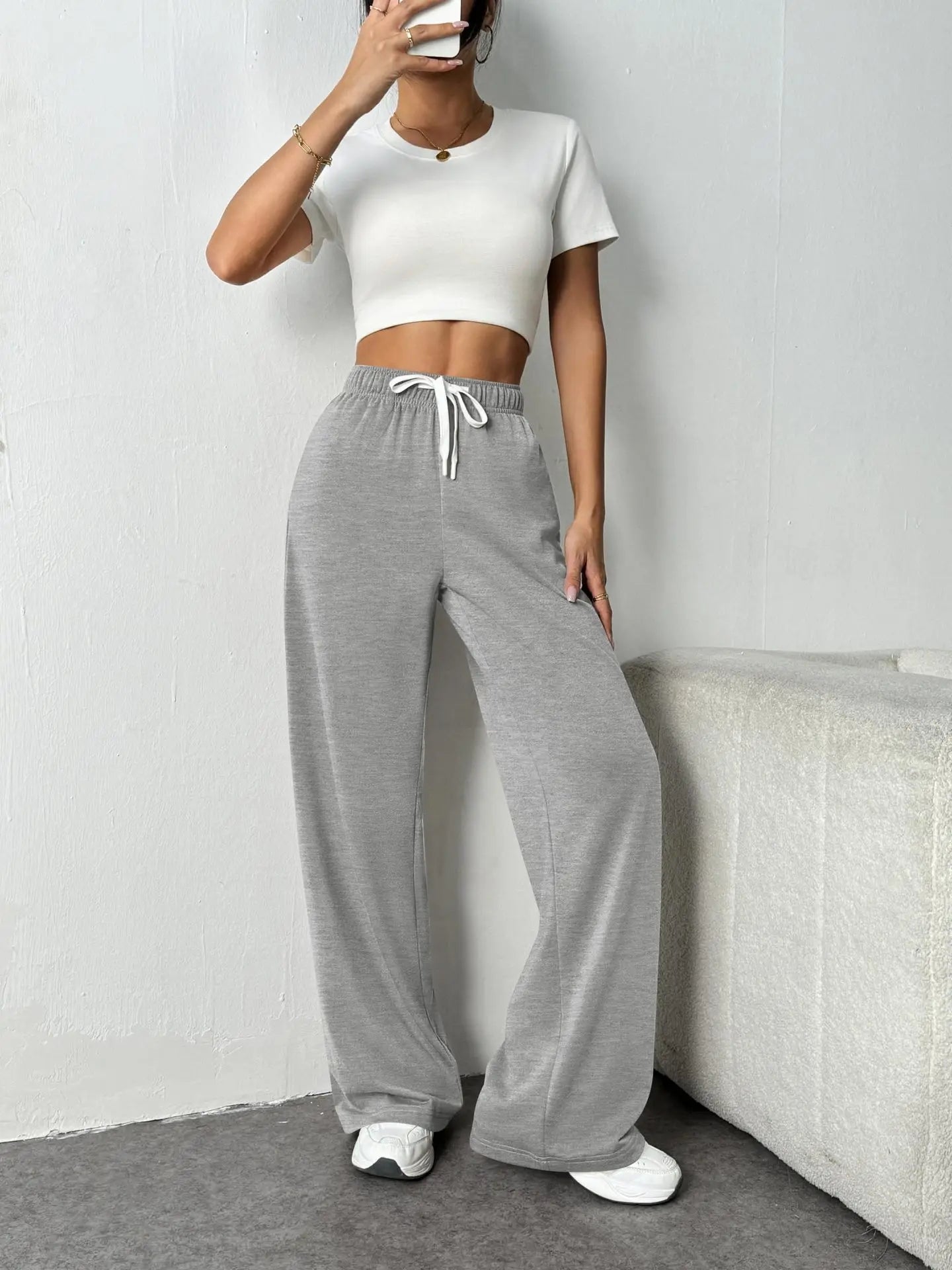 Casual Wide Leg Sports Pants for Women Casual Straight Leg Loose Solid Color Elastic Drawstring High Waisted Wide Leg Pants