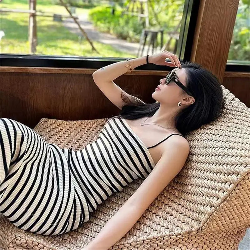 Striped Knitted Slim Dresses Women's Summer Skinny Sleeveless Bodycon Long Dress Casual Holiday Wrap Hip Sundress
