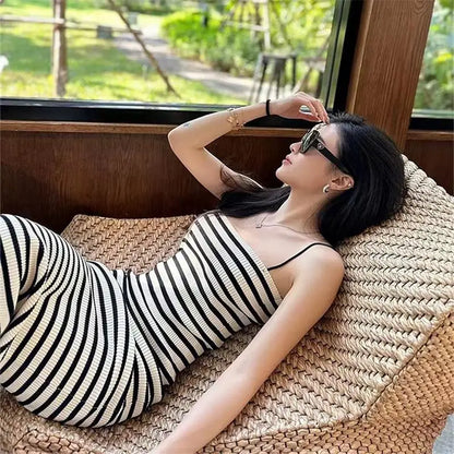Striped Knitted Slim Dresses Women's Summer Skinny Sleeveless Bodycon Long Dress Casual Holiday Wrap Hip Sundress