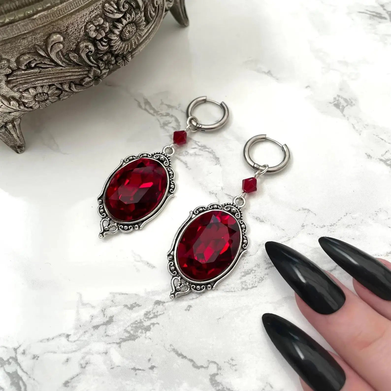Vampire Cameo Earrings, Gothic jewelry, Blood drops, Pagan, Voodoo accessories, Punk, Victorian, Demon, Goth ear hooks For Women