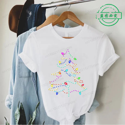 Women's Casual T-Shirts Christmas Lights Xmas Tree Print T-Shirt Christmas Party Design Tops Short Sleeve Ladies T Shirts Tops