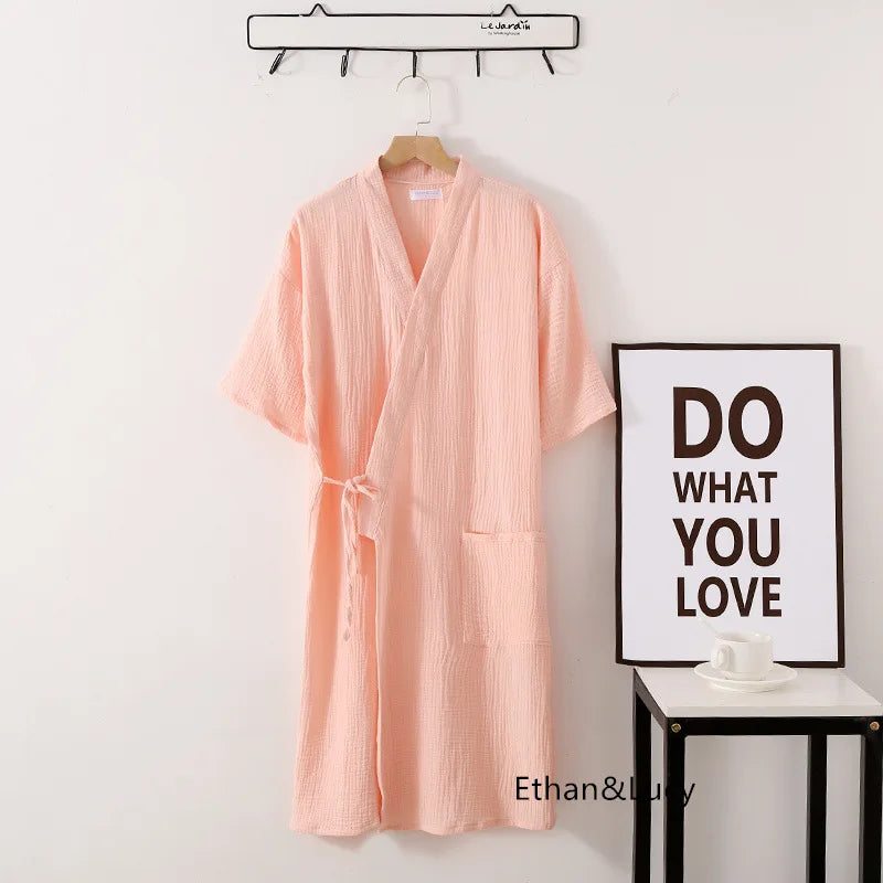 Summer 100% Cotton Gauze Crepe Short Sleeve Robes for Women and Men Solid Bathrobe Loose Soft Japanese-style Kimono Robe 2021 Women light pink