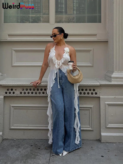 Weird Puss Ruffles Flowers Tank Tops Women Mesh Summer Sexy Deep V-Neck Irregular Tassel Halter Backless Camisole Wild Street