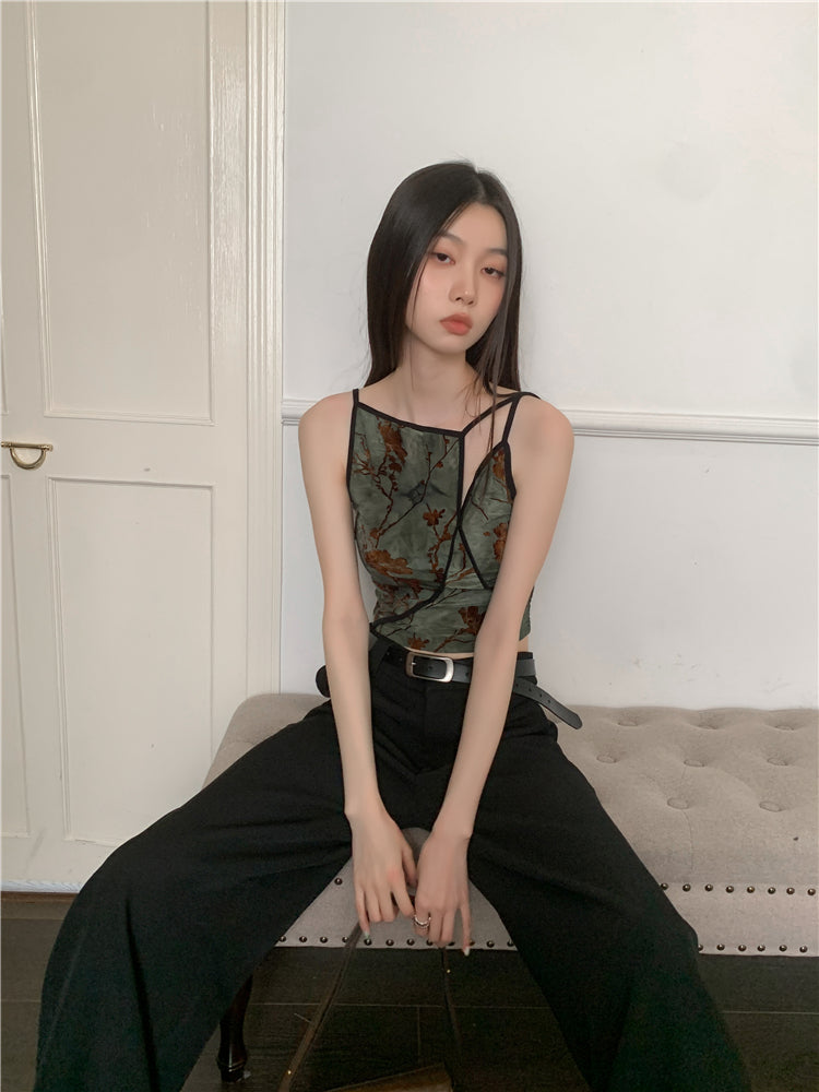 CHEERART Flocking Floral Vintage Crop Cami Top For Women 2024 Sleeveless Flower Green Tops Designer Clothes Luxury