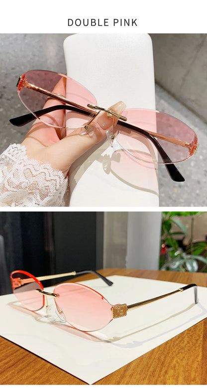 Retro Frameless Oval Concave Design Y2k Personalized Sunglasses Trendy Uv Resistant Street Photography Sunglasses 90275