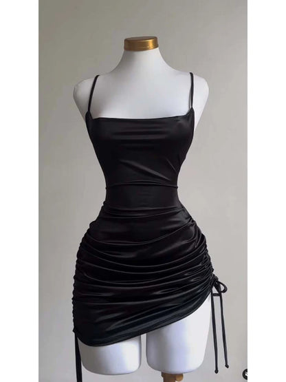 Sexy Satin Lace Up Bodycon Mini Dress Women Sleeveless Backless Party Club Dresses Streetwear Elegant Evening Clothes Black Robe black