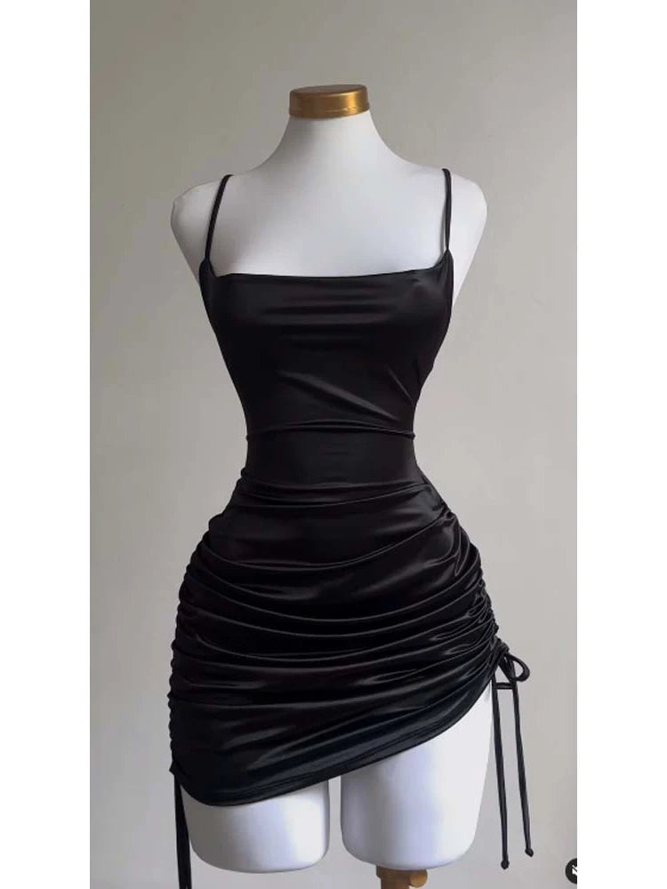 Sexy Sleeveless Backless Bodycon Mini Dress Women Summer Satin Lace Up Party Club Dresses Streetwear Evening Black Y2K 2025 Robe black