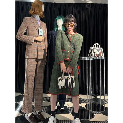 Autumn Winter Womens Two Peice Sets Vintage Knitted Cardigan Full  Elastic Waist  Knee-Length Skirt 2 Piece Set Luxury