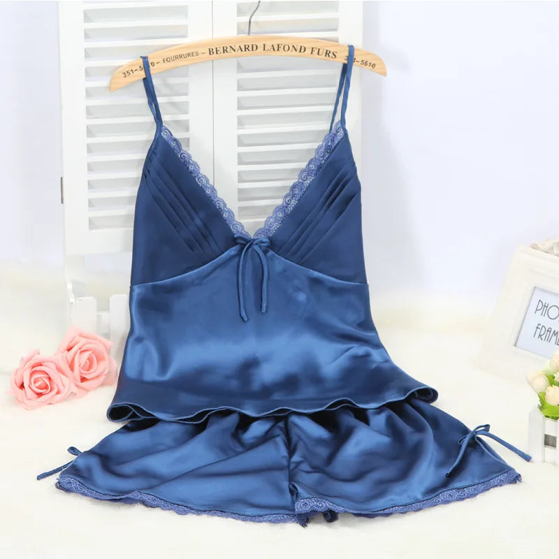 Black Pajamas Suit Lace Up Cami&shorts Set 2Pcs Satin Home Clothes Lady Sexy Lingerie Sleepwear Loungewear Plus Size 3Xl Blue