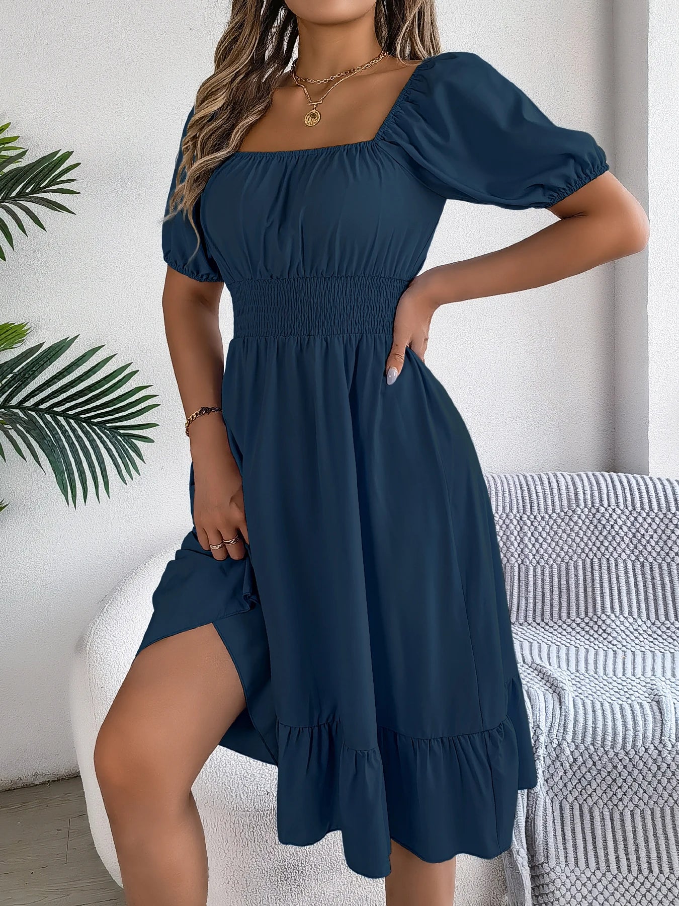 Spring and Summer Elegant High Waisted Dress Square Neck Short Sleeved Ruffled Edge Long Dresses for Women Badiee Stylez