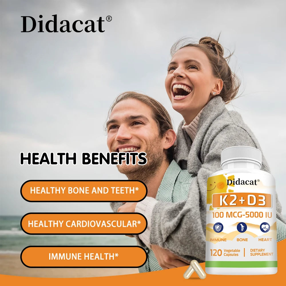 Vitamin K2 + D3 100mcg-5000IU Capsules - Dietary Supplement for Immune, Bone, Heart, Dental, and Cardiovascular Support
