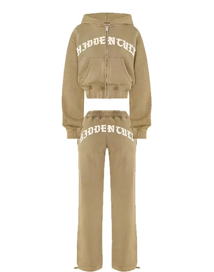 Patchwork 2 Piece Set Tracksuit Women Zip Wide Waist Crop Hooded Pocket Jacket + Sporty Pants Matching Casual Basic Suit