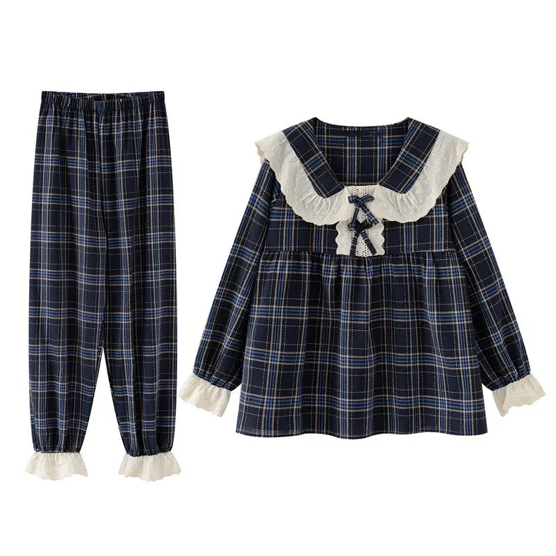 Spring and Autumn New Women's Pajamas Homewear Suit Female Court Style Doll Collar Japanese Girl Plaid Autumn and Winter Homewea