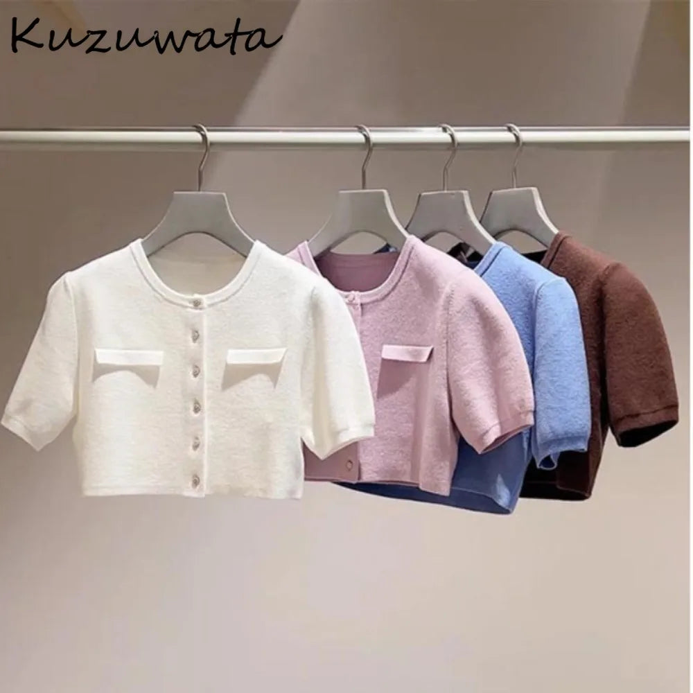Kuzuwata Gentle Elegant O Neck Half Sleeve Jumper Knit All-match Short Preppy Literary Cardigan Japan Spring New Fresh Sweaters