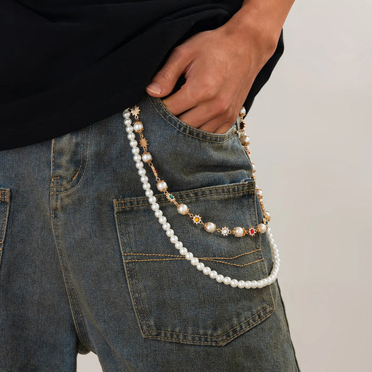Ingemark Simple Imitation Pearl Rhinestone Waist Chain Men Vintage Gold Color Beads Jeans Key Wallet Chain Hip-hop Jewelry Gift
