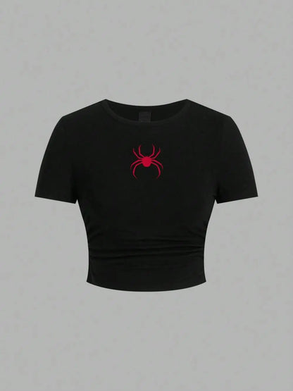 Simple Red Spider Printing Crop Tops Summer Street Fashion Women's Slim-fit T-Shirt Comfortable Soft High Elastic Female Clothes Black