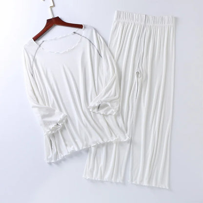 Factory wholesale summer 2025 new silk light Modale pajamas women seven sleeves nine wide-legged pants home clothing set 01