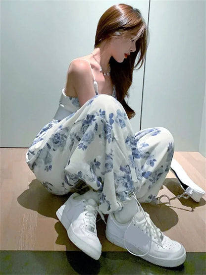Women Floral 2 Piece Pant Sets Sleeveless Camisole Tops + Elastic Waist Loose Long Pants Outfits Summer Casual Streetwear