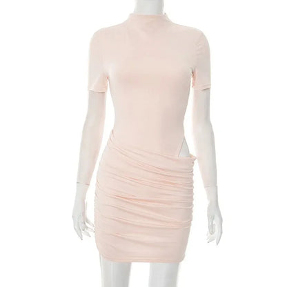 Women Hollow Out Short Sleeve Ruched Sexy Mini Dress for Women Fashion Half High Collar Skinny Club Party Dresses Female