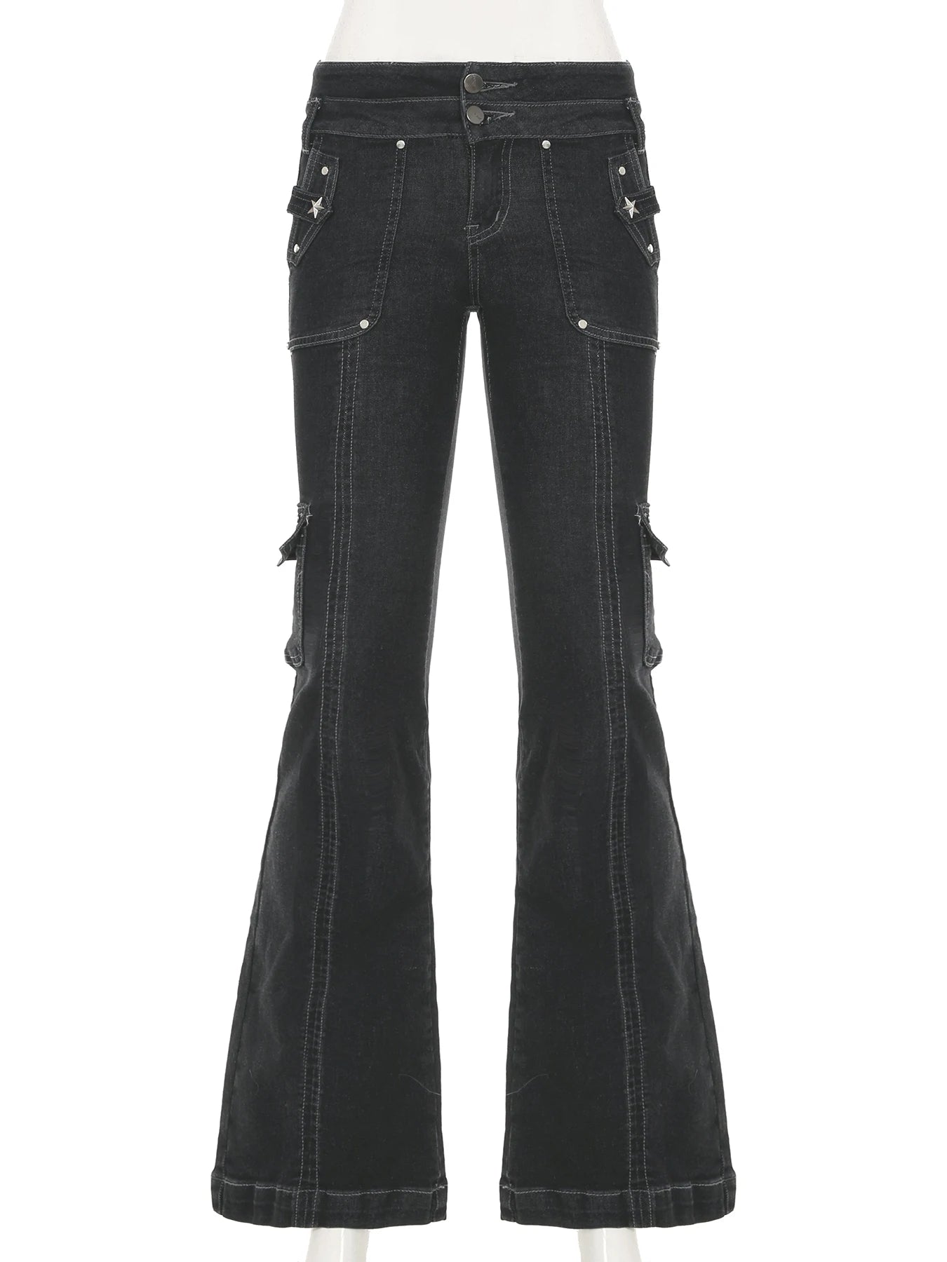 Weekeep Punk Style Star-shaped Rivet Jeans Low Rise Multi-pockets Patchwork Denim Cargo Pants Korean Fashion Hippie Flared Jeans