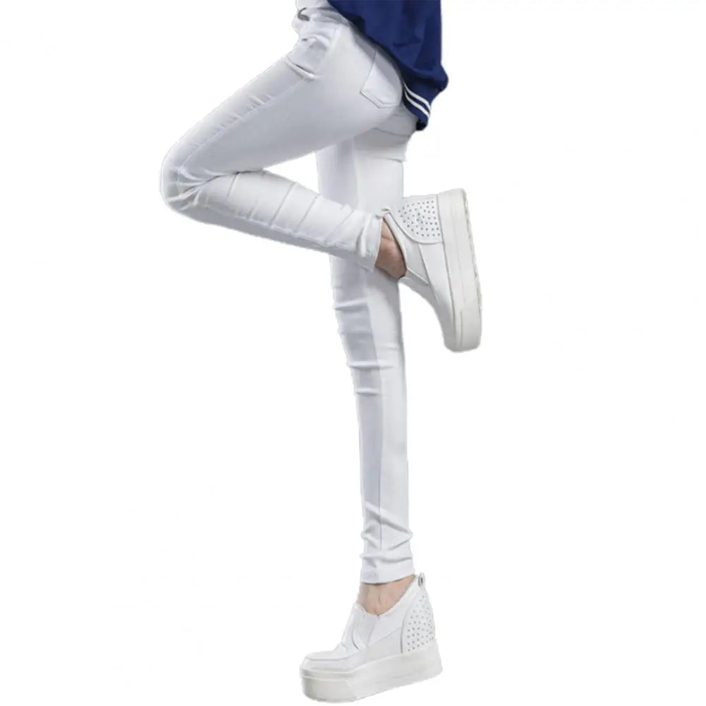 Office Lady Elastic High Waist Solid Color Trousers Summer Thin Female Clothing Casual Pockets Slim Nine Points Straight Pants