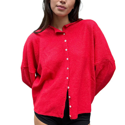 Combhasaki Women's Y2K Chic Solid Color Knitwear Cardigan Fuzzy Long Sleeve Button-down Front Closure Loose Fit Basic Sweaters Red