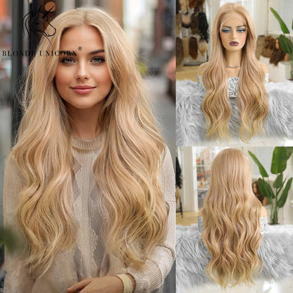 13x6 Lace Front Wig Blonde Wave Synthetic Wigs for Women Daily Party Cosplay Use Heat Resistant Fiber Hair SWLF8002-3BL28 1pc 150%|CHINA|26inches