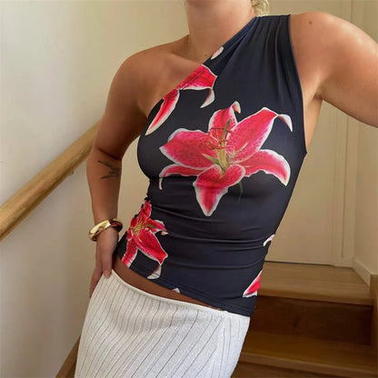 Xingqing One Shoulder Tank Top for Women Floral Print Sleeveless Backless Vest Cropped T Shirt y2k Aesthetic Clothing Streetwear