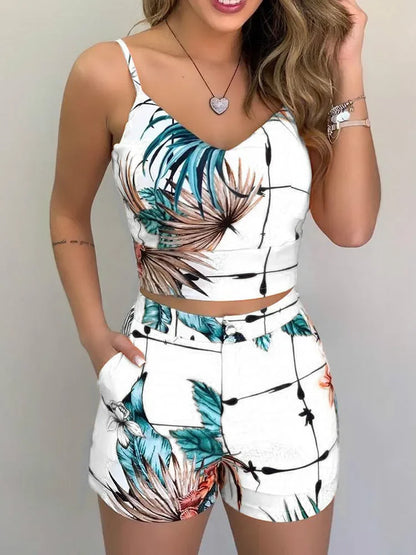 Print Spaghetti Strap Crop Top & Short Sets Casual Summer 2 Piece Outfits for Women White