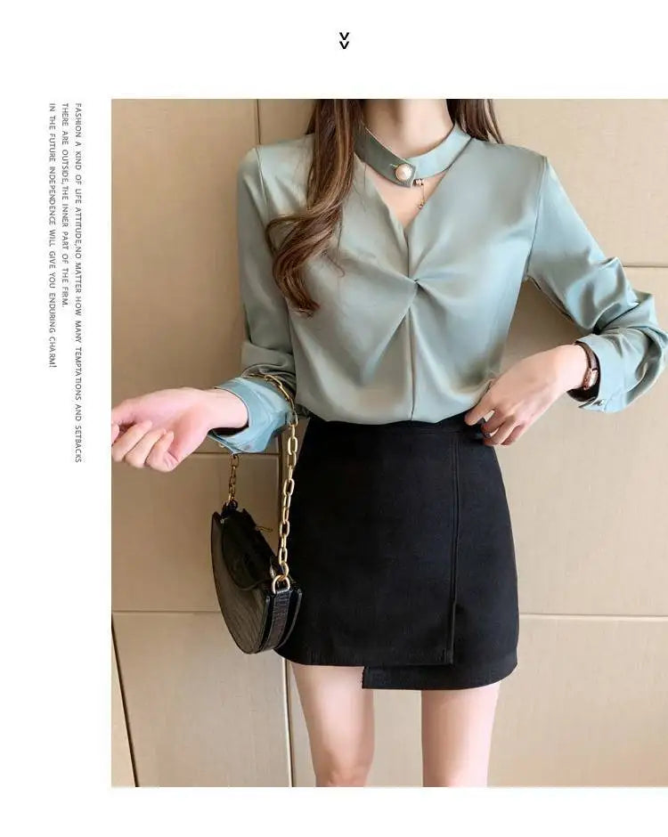 Satin Beading Halter V-Neck Woman Blouses 2022 Spring New Elegant Fashion Office Lady Long Sleeve Loose Commuter Shirts Female