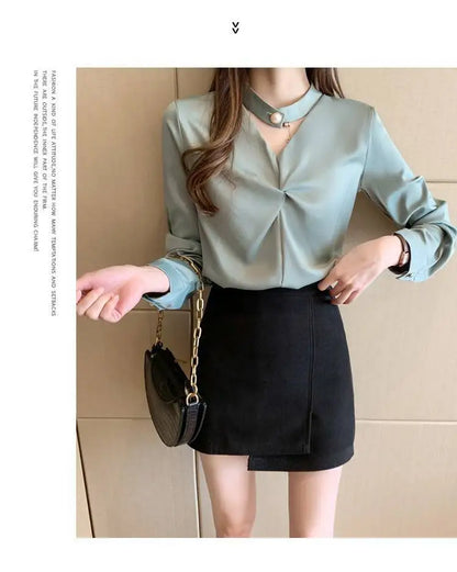 Satin Beading Halter V-Neck Woman Blouses 2022 Spring New Elegant Fashion Office Lady Long Sleeve Loose Commuter Shirts Female