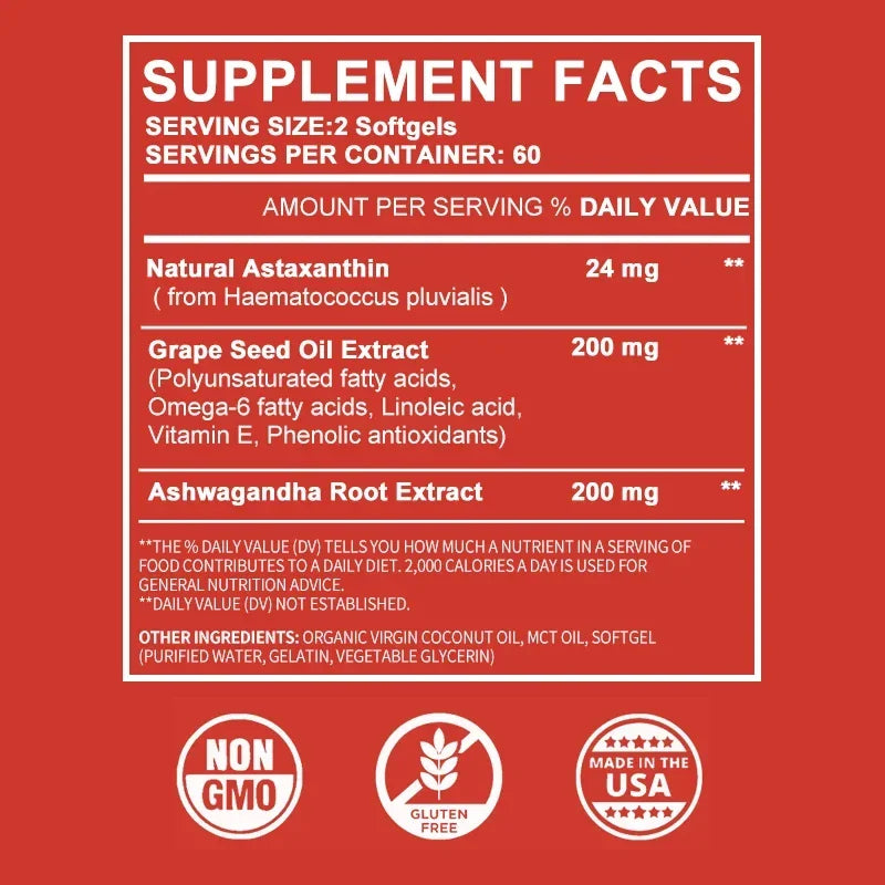 Astaxanthin 24mg - with Ashwagandha, Grape Seed Oil Extract - for Joint, Brain, Immune and Heart Support Diet