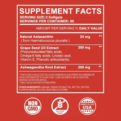 Astaxanthin 24mg - with Ashwagandha, Grape Seed Oil Extract - for Joint, Brain, Immune and Heart Support Diet