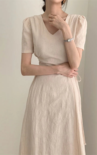 Cotton Linen Dress Long New Hot Sales Woman Short Sleeve Solid Retro Vintage Long Dresses