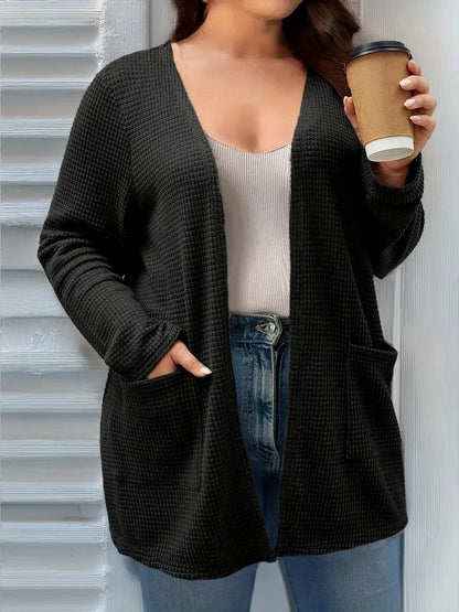 Plus size pure color pocket cardigan coat, casual long-sleeved shirt, suitable for spring and autumn wear, women plus size cloth