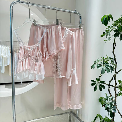 Blue Pajamas Set Elegant Home Clothes Ice Silk Sleepwear Women Loose Trousers Suit Four Seasons Loungewear Sexy Lace Nightgown