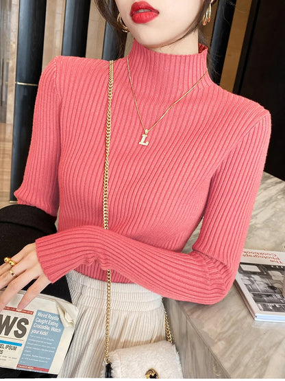 Elegant Solid Basic Knitted Tops Women Turtlneck Sweater Long Sleeve Casual Slim Pullover Korean Fashion Simple Chic Clothes Brick red One Size
