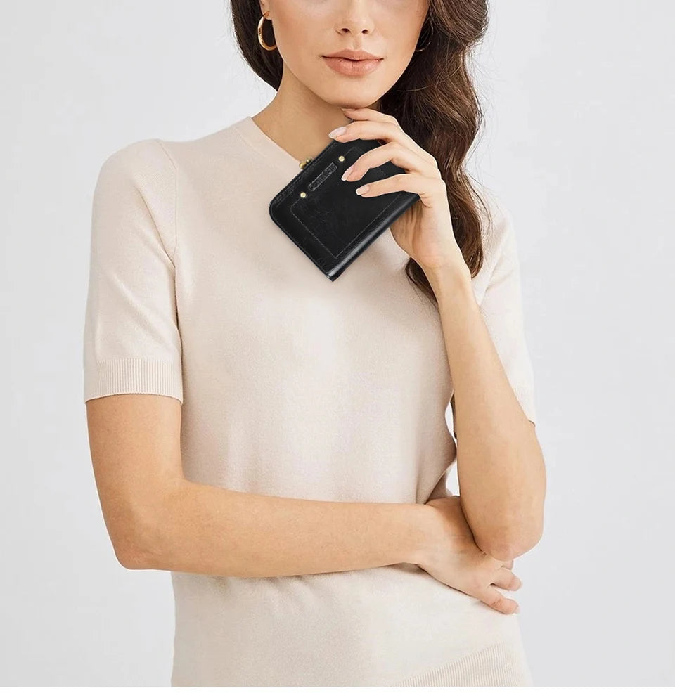 CONTACT'S Genuine Leather Short Wallets for Women Kiss Lock Classic Wallet Metal Frame Coin Purses Card Holder Money Clip Bags
