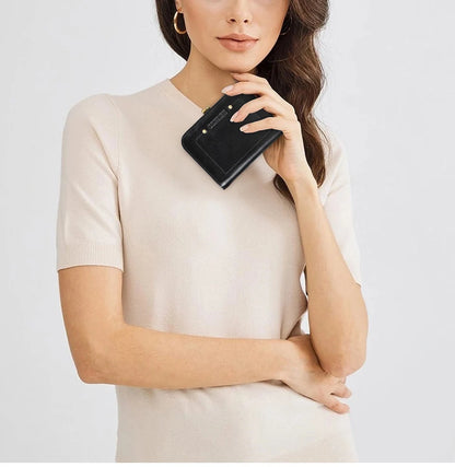 CONTACT'S Genuine Leather Short Wallets for Women Kiss Lock Classic Wallet Metal Frame Coin Purses Card Holder Money Clip Bags