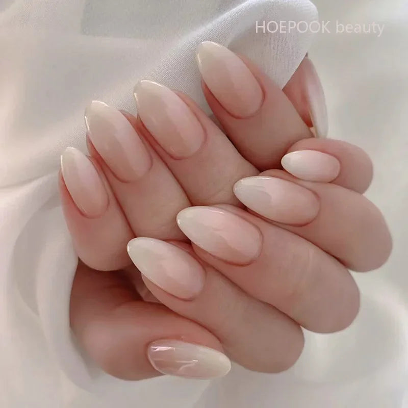 24pcs Nude French Fake Nails White Edge Almond False Nails Art Full Coverage Removable Waterproof Artificial Press on Nail W603