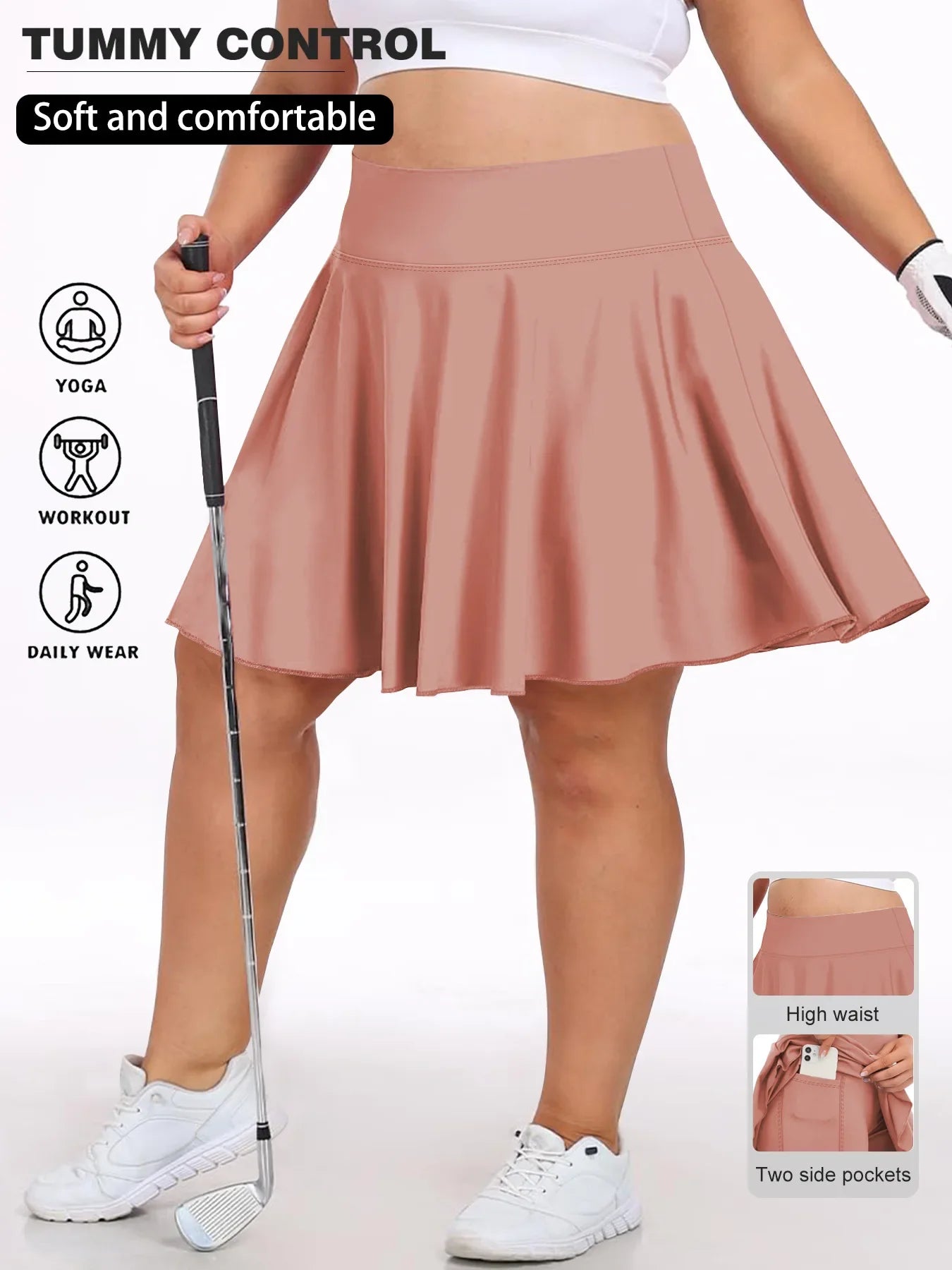 Plus Size Women with Pocket Short Skirt Fitness Short Skirt High Waist Fashion 200lbs Sports Short Skirt Gym Outdoor Solid Skirt