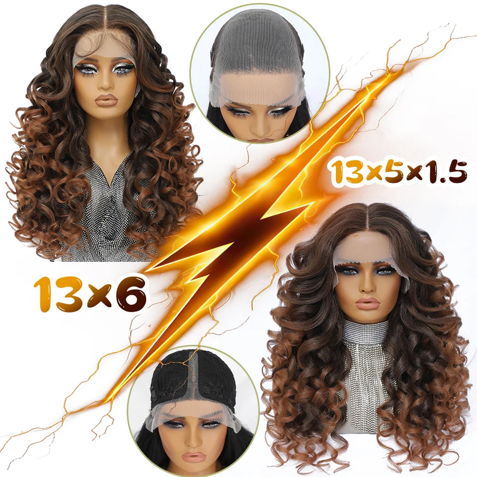 Latisha 13X6 HD Synthetic Lace Front Wigs Curly Pre Plucked Lace Frontal Wig with Bangs for Women Highlight with Babyhair 24Inch Badiee Stylez