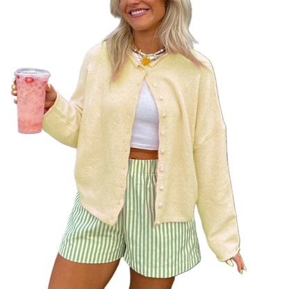 Combhasaki Women's Y2K Chic Solid Color Knitwear Cardigan Fuzzy Long Sleeve Button-down Front Closure Loose Fit Basic Sweaters Yellow