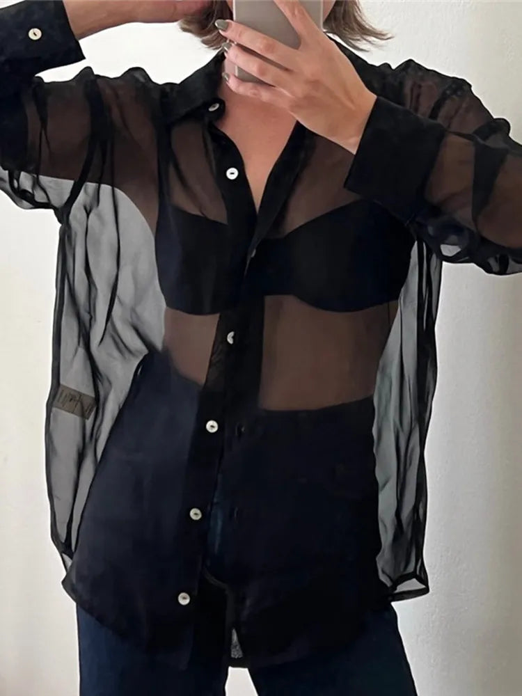 Womens Transparent Shirts Y2k Long Sleeve Lapel Button Down T-shirt Beach Cover Up Sexy Tops and Blouses Female Smock black