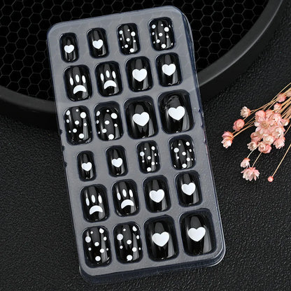 24Pcs Children Cartoon Nail Tips Colorful Cute Rabbit Pink Stars 6-14 Years old Girl Fake Nail With Jelly Glue Kids False Nail TD060-21