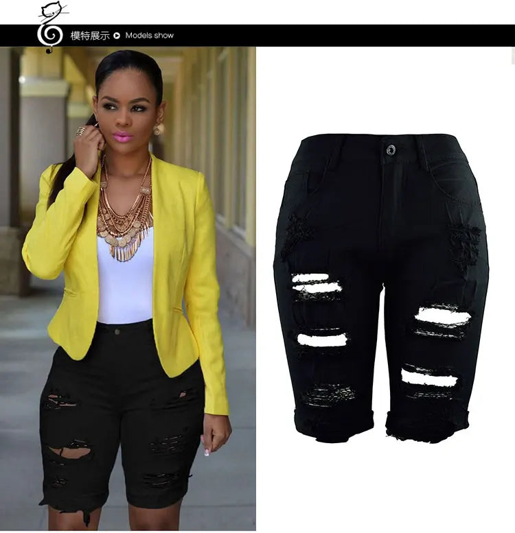 Summer New Fashion Women's American Washed Blue Solid Color High Waist Hole Patched Denim Shorts Skinny Jeans Shorts Female