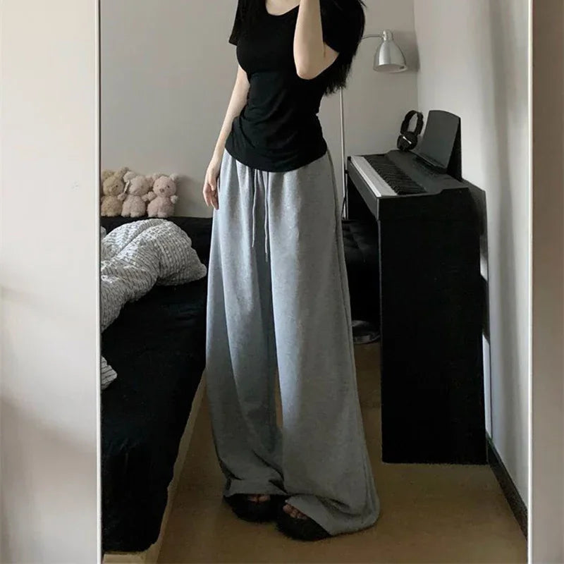 Wide Leg Sweatpants for Women Elastic Waist Casual Sport Pants Woman Streetwear Gray Oversize Sportswear Female Badiee Stylez