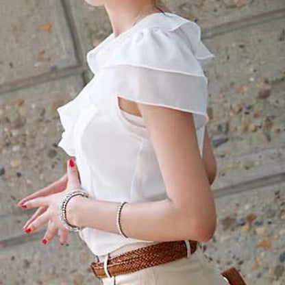 New Arrival 2024 Chiffon Short Sleeve Female Blouse Shirt Fashion Ruffles Ladies White Black Office Blouses Women Clothes