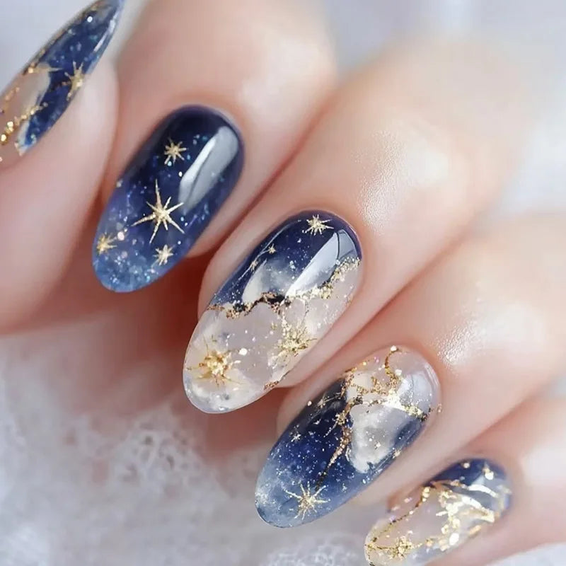 24pcs Romantic Y2k Star Press On Nails Gradient Blue French Style Gold Moon Designs Fake Nail Sweet Almond False Nails For Women Y29